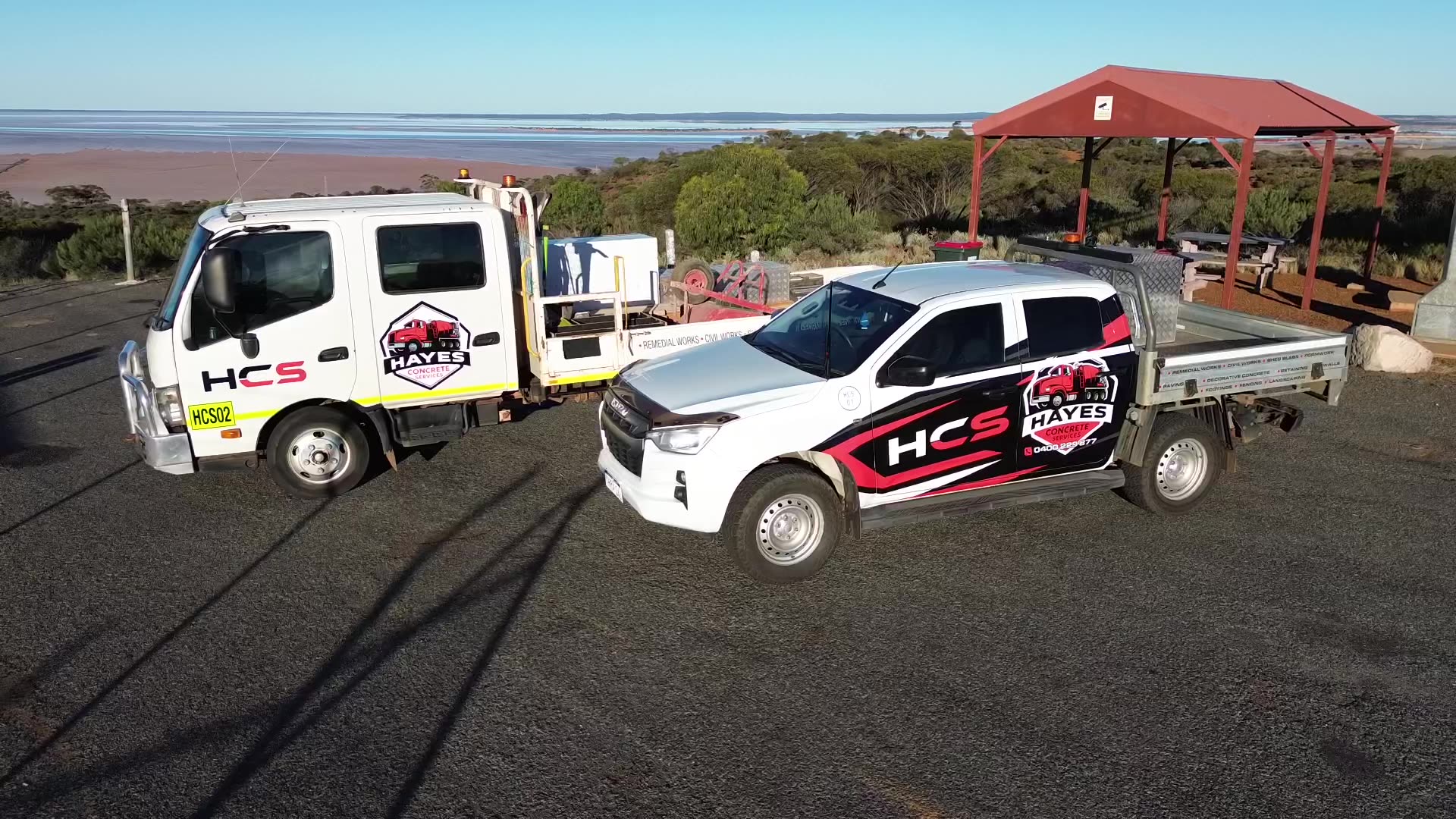 Hayes Concrete Services vehicles overlooking a salt lake near Kalgoorlie